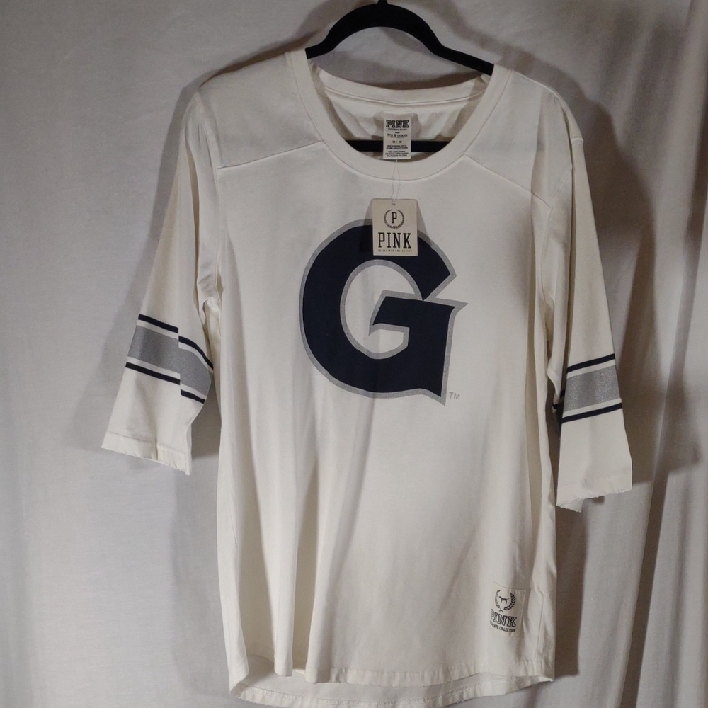 NWT PINK Collegiate White & Navy 3/4 Sleeve Semi Distressed Tee - Size M